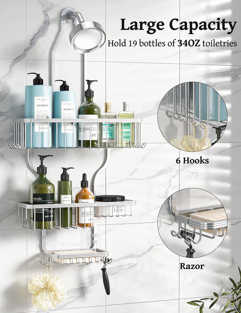 YASONIC Shower Caddy Hanging - Never Rust Shower Organizer - Aluminum Over The Shower Head Caddy with 10 Hooks for Razor/Sponge - Shower Rack with Soap Basket - Silver - Image 2
