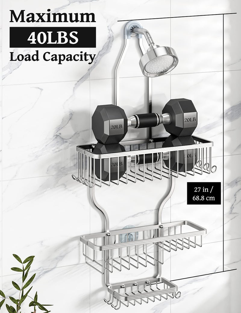 YASONIC Shower Caddy Hanging - Never Rust Shower Organizer - Aluminum Over The Shower Head Caddy with 10 Hooks for Razor/Sponge - Shower Rack with Soap Basket - Silver - Image 4