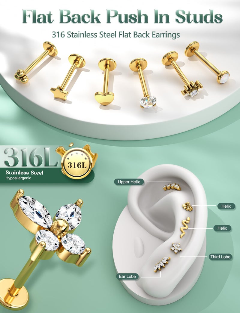 ORAZIO 14K Gold Plated Push in Stud Earrings, 316L Surgical Steel Flat Back Earrings Threadless Tragus Helix Cartilage Conch Nose Piercing Jewelry Hypoallergenic Ear Piercing for Women 20G G 6 - Image 5