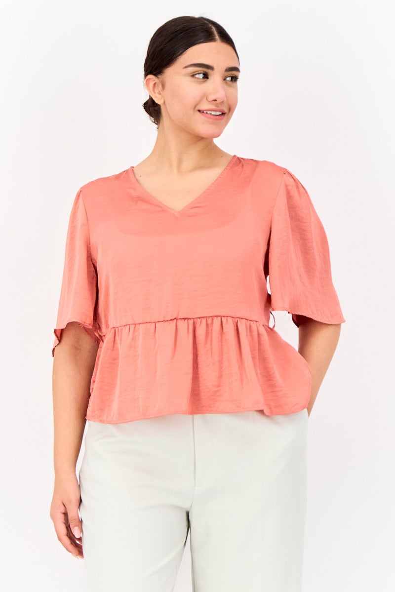 ONLY Women V Neck Short Sleeve Solid Blouse, Faded Rose  - Image 1