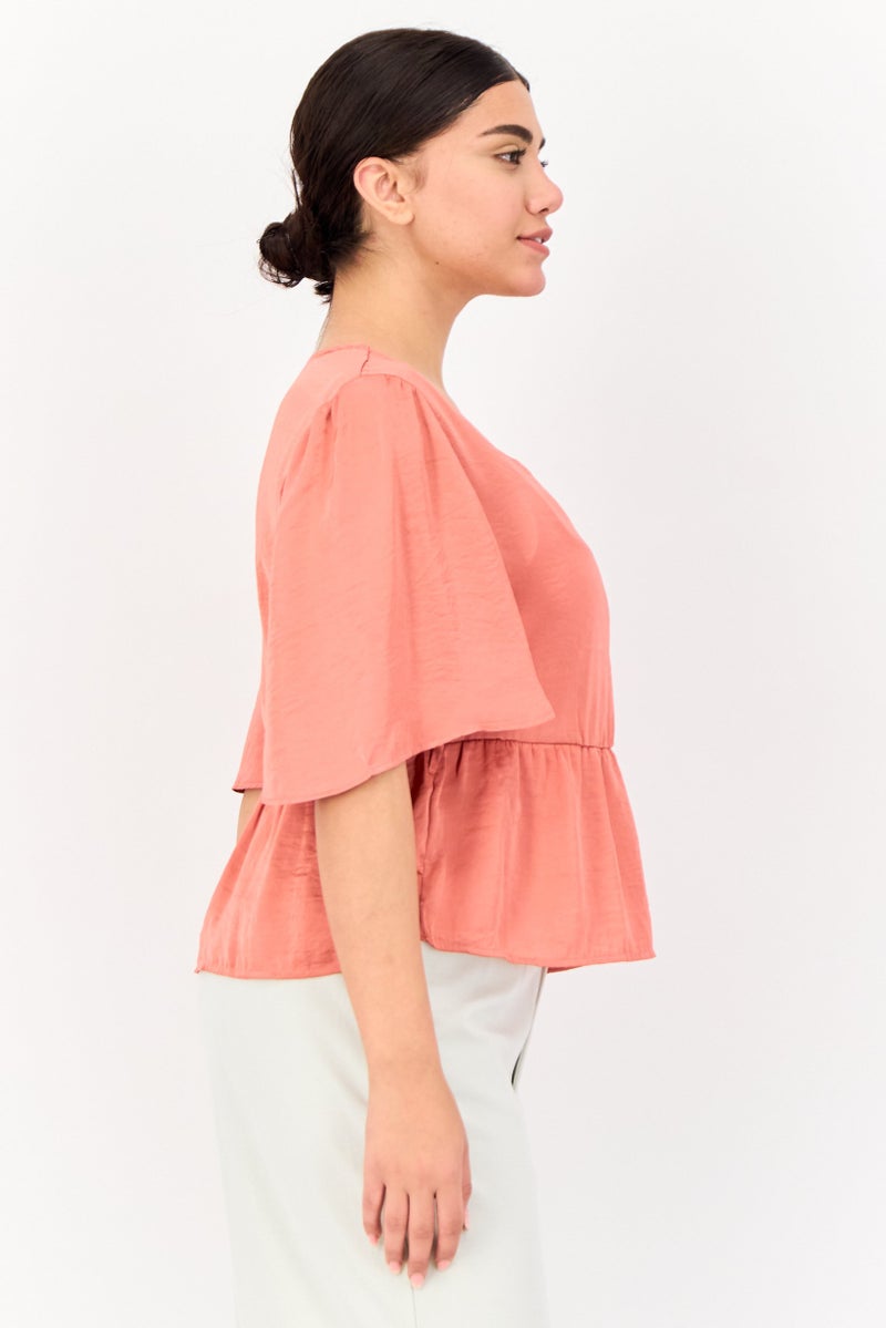 ONLY Women V Neck Short Sleeve Solid Blouse, Faded Rose  - Image 2