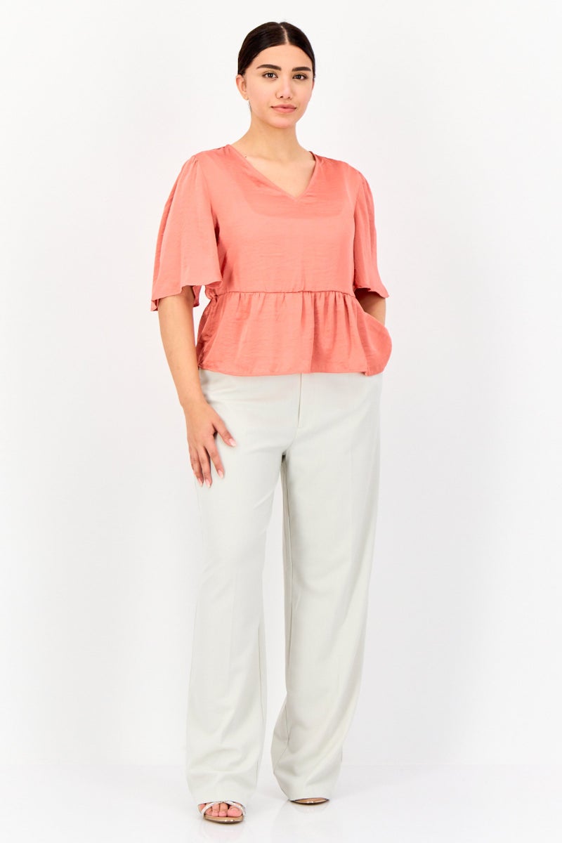 ONLY Women V Neck Short Sleeve Solid Blouse, Faded Rose  - Image 4
