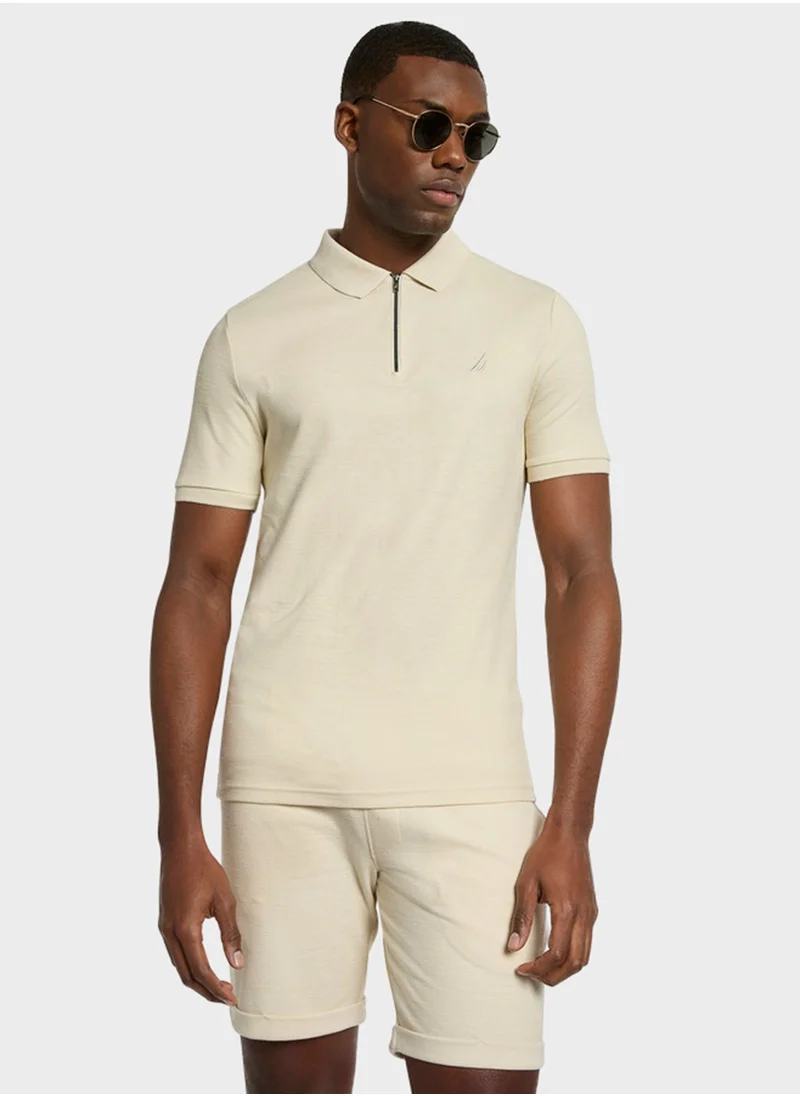 NAUTICA Men's Beige Short Sleeve Zip Polo Shirt, Stylish Lightweight Knit for Sophisticated Summer Style