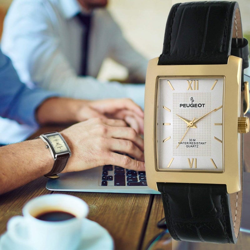 بيجو ساعة بيجو للرجال بتصميم كلاسيكي مستطيل الشكل بأرقام رومانية وسوار من الجلد - Image 1