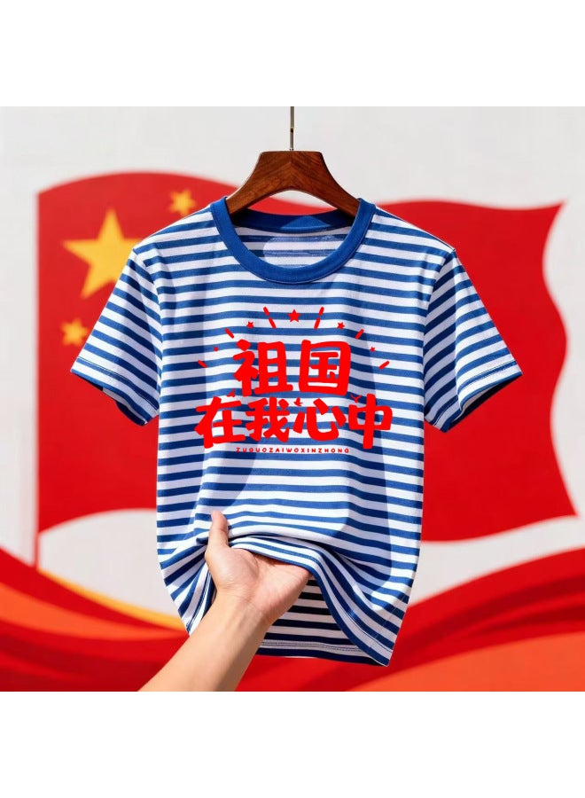 Primary And Middle School Students Red Scarf Activity Class Clothes National Day Family Clothes Pure Cotton Sea Soul Shirt T-shirt Short Sleeve Blue And White Striped Trendy