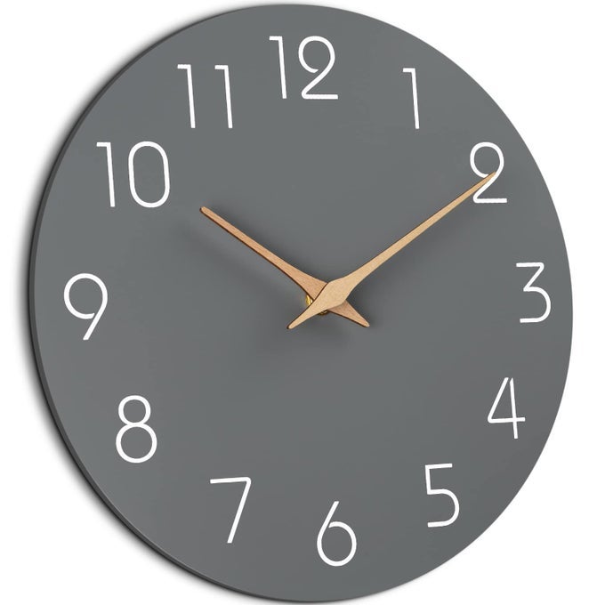 WALL CLOCK 12 INCH GRAY SILENT NON TICKING BATTERY OPERATED MODERN SIMPLE WOODEN CLOCK DECORATIVE FOR KITCHEN HOME BEDROOM BATHROOM OFFICE LIVING ROOM