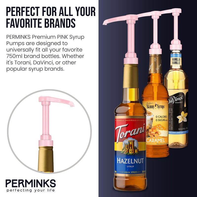 PERMINKS Premium Syrup Pump Compatible with Torani 750 ml Bottle, Davinci Syrups - No Spill, No Clog Syrup Pump Dispenser for Vanilla, Snow Cone, Blueberry, Coffee Flavoring & More (Pack of 3, Pink) - Image 4