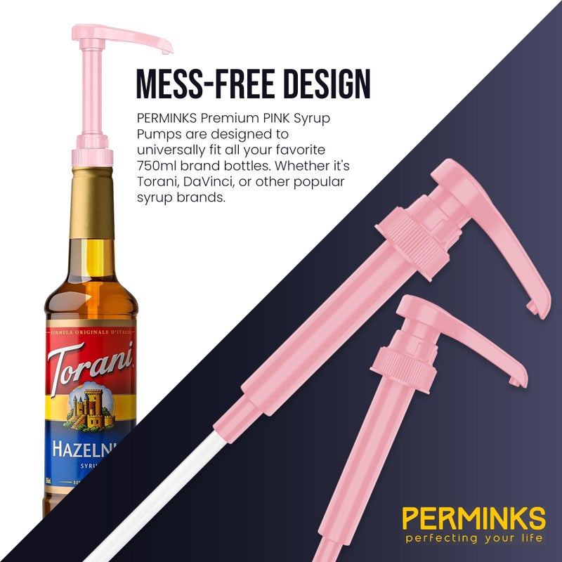 PERMINKS Premium Syrup Pump Compatible with Torani 750 ml Bottle, Davinci Syrups - No Spill, No Clog Syrup Pump Dispenser for Vanilla, Snow Cone, Blueberry, Coffee Flavoring & More (Pack of 3, Pink) - Image 2