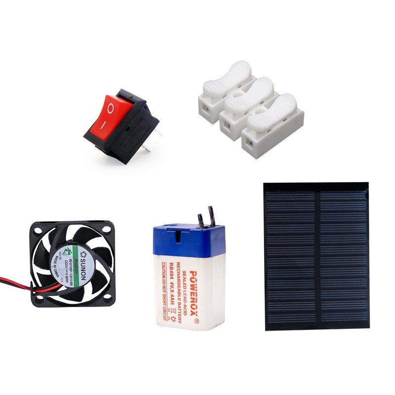 Electronicspices مجموعة مروحة عادم شمسية قابلة لإعادة الشحن صغيرة (شمسية، مفتاح، موصل دفع، مروحة تبريد، بطارية) مع فيديو تعليمي ودليل مستخدم مجموعة ألعاب تعمل بالطاقة الشمسية - Image 1