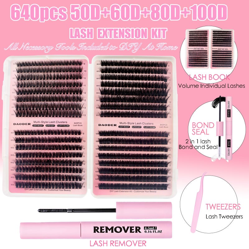 DAODER Thick Short Eyelash Extension Kit 9-13MM Wispy Fluffy Lash Clusters Kit with Remover 50D+60D+80D+100D Cluster Eyelash Extensions D Curl with Bond And Seal 640pcs (50D+60D+80D+100D Kit 9-13MM) - Image 2