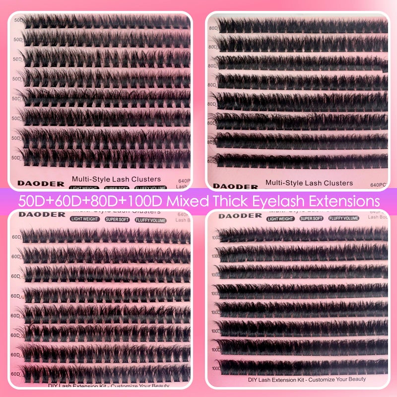 DAODER Thick Short Eyelash Extension Kit 9-13MM Wispy Fluffy Lash Clusters Kit with Remover 50D+60D+80D+100D Cluster Eyelash Extensions D Curl with Bond And Seal 640pcs (50D+60D+80D+100D Kit 9-13MM) - Image 4