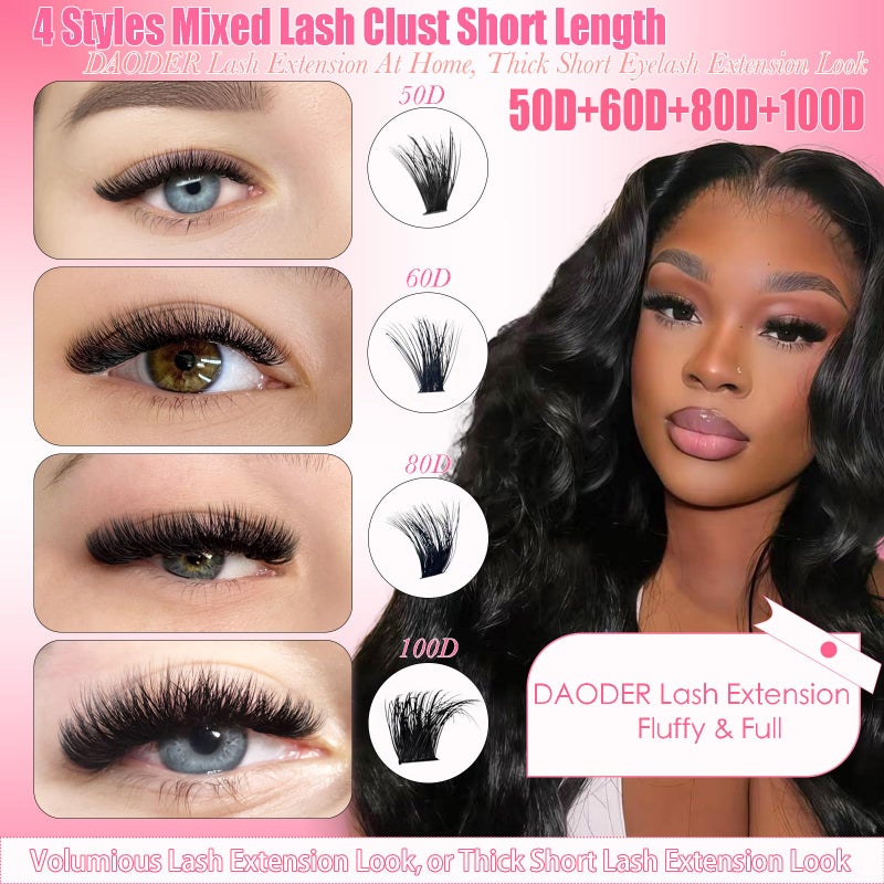 DAODER Thick Short Eyelash Extension Kit 9-13MM Wispy Fluffy Lash Clusters Kit with Remover 50D+60D+80D+100D Cluster Eyelash Extensions D Curl with Bond And Seal 640pcs (50D+60D+80D+100D Kit 9-13MM) - Image 3