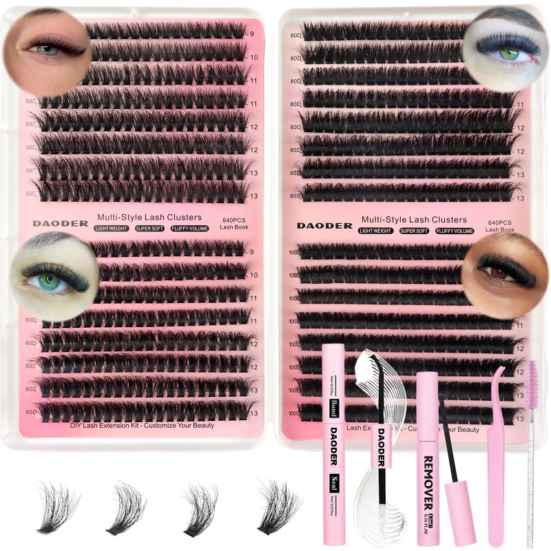 DAODER Thick Short Eyelash Extension Kit 9-13MM Wispy Fluffy Lash Clusters Kit with Remover 50D+60D+80D+100D Cluster Eyelash Extensions D Curl with Bond And Seal 640pcs (50D+60D+80D+100D Kit 9-13MM) - Image 1