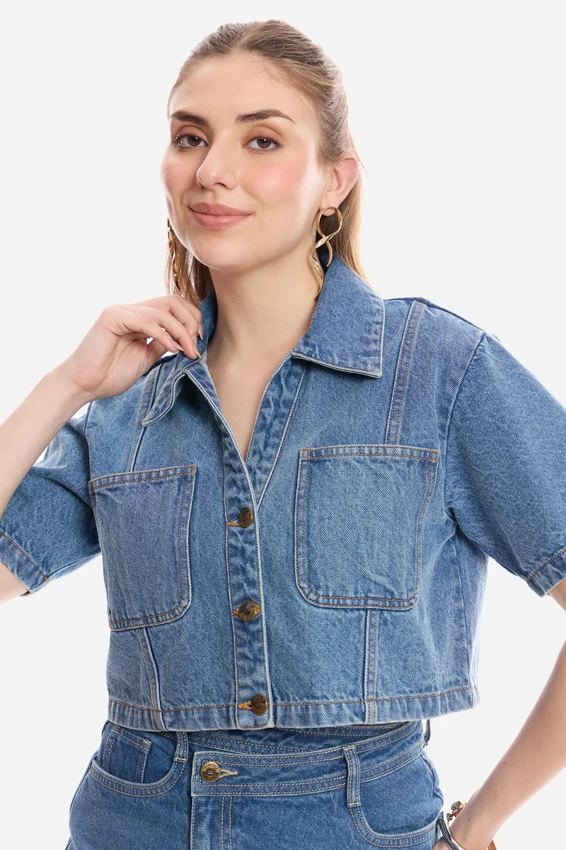 فيرجيو Solid Cotton Cropped Denim Shirt for Women