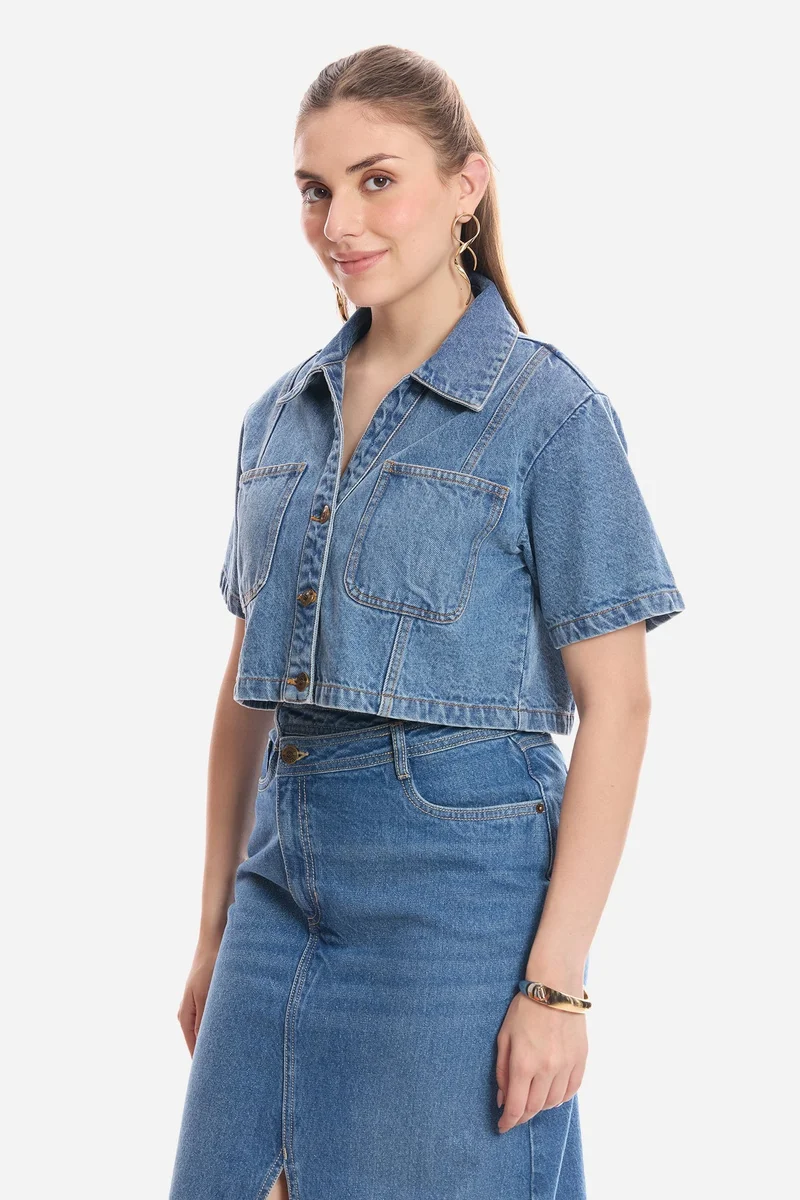 Virgio  Solid Cotton Cropped Denim Shirt for Women for Women | Best Price UAE