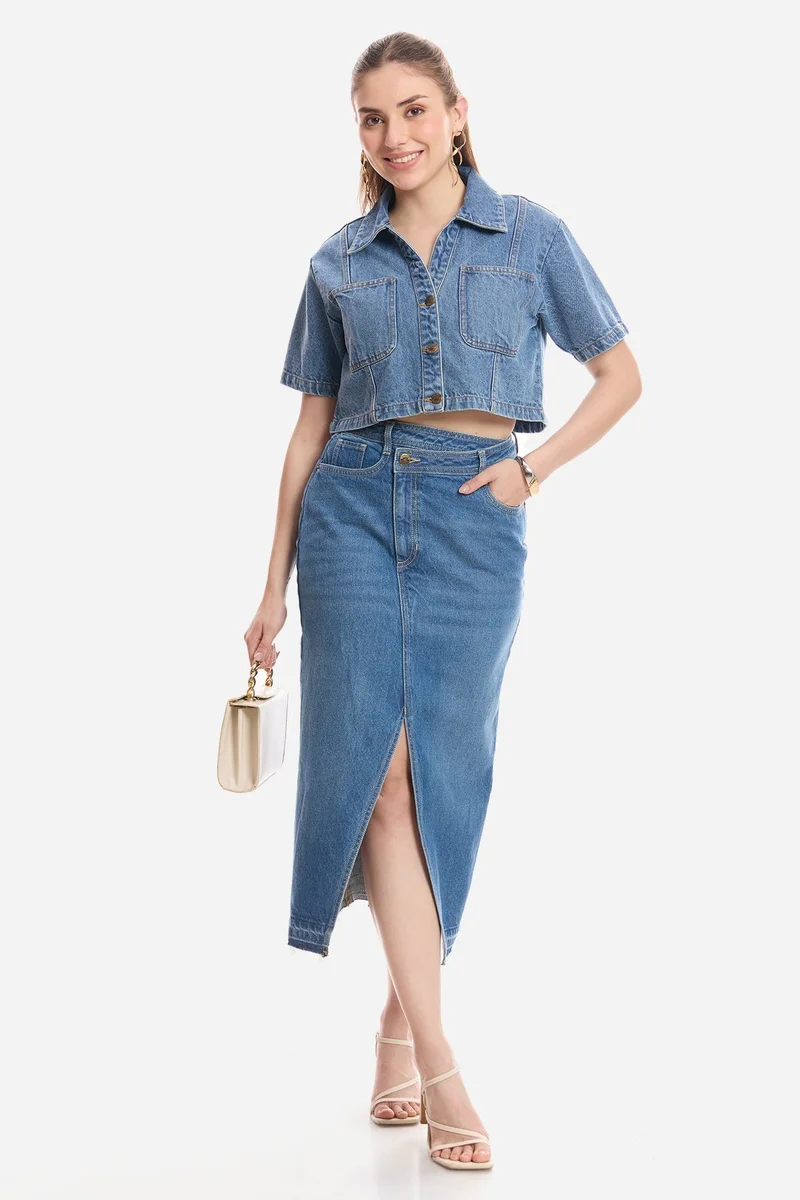 فيرجيو Solid Cotton Cropped Denim Shirt for Women