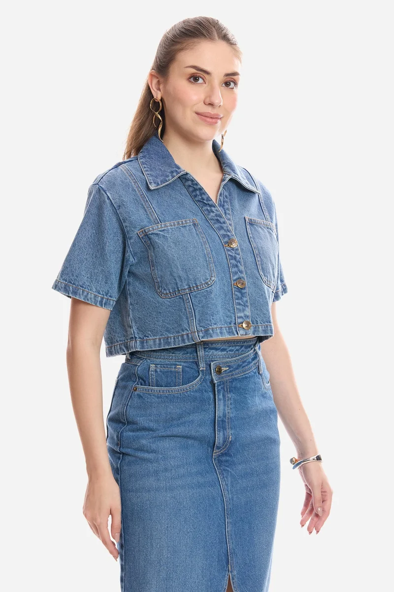 Virgio  Solid Cotton Cropped Denim Shirt for Women for Women | Best Price UAE
