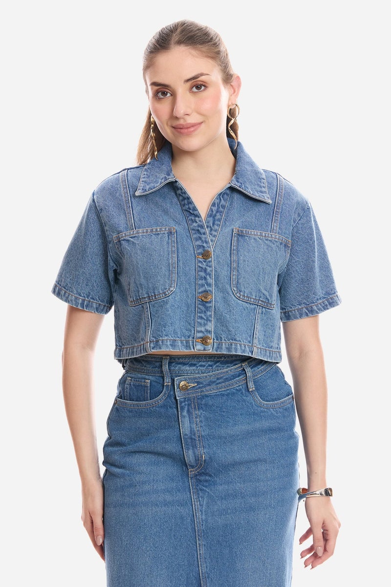 Virgio Solid Cotton Cropped Denim Shirt for Women - Image 1