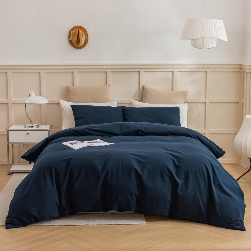 ECOCOTT ECOCOTT Navy Blue Duvet Cover Queen Size 100 Washed Cotton 3 Piece Bedding Set 1 Duvet Cover with Zipper and 2 Pillowcases Ultra Soft and Easy Care Breathable Duvet CoverNavy Blue Queen 