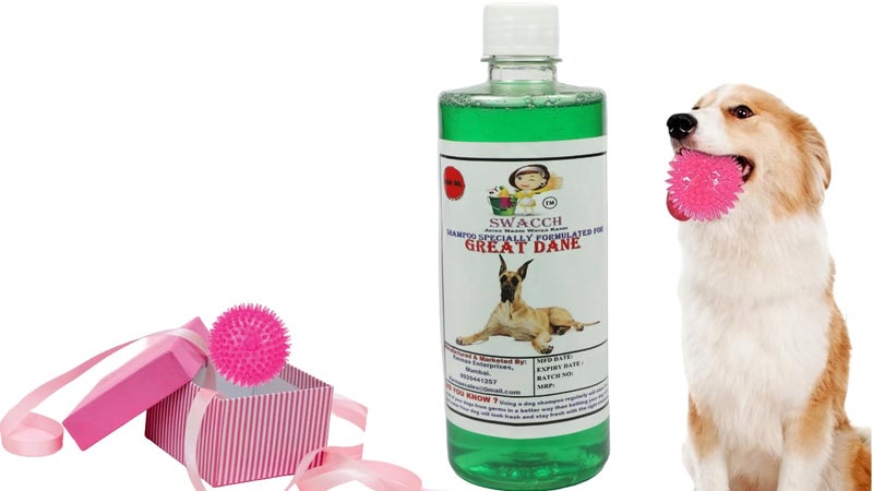swacch Shampoo | Puppy Safe Shampoo | PH Balanced | Ditch to Itch for Great Dane Shampoo 500ml (Neem Alovera) + Spike Ball Chew Toy Combo Pack - Image 1