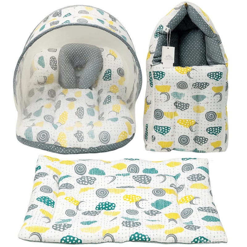 Fareto Combo of Baby Bed with Net | Carry Bag | 4 Pcs Bedding Set (0-6 Months, Baby Size, Cotton) (Grey Sprial) - Image 1