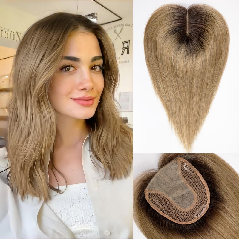 Starluck Real Human Hair Toppers for Women 14 inch No Bangs 555 Base Ombre Ash Blonde Covers Thinning Hair Grey