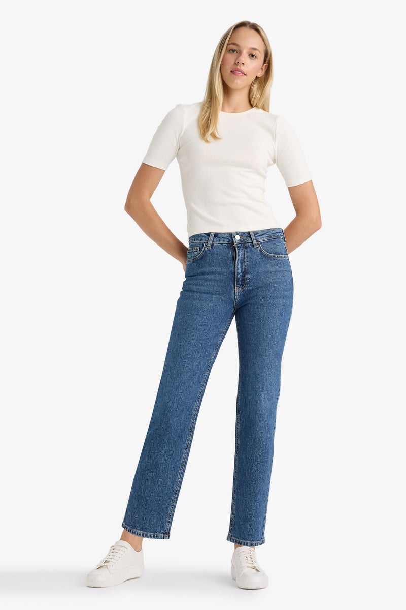 DeFacto Blue Woman Comfort Straight Fit High Waist Ankle Length Jeans Casual - Image 2