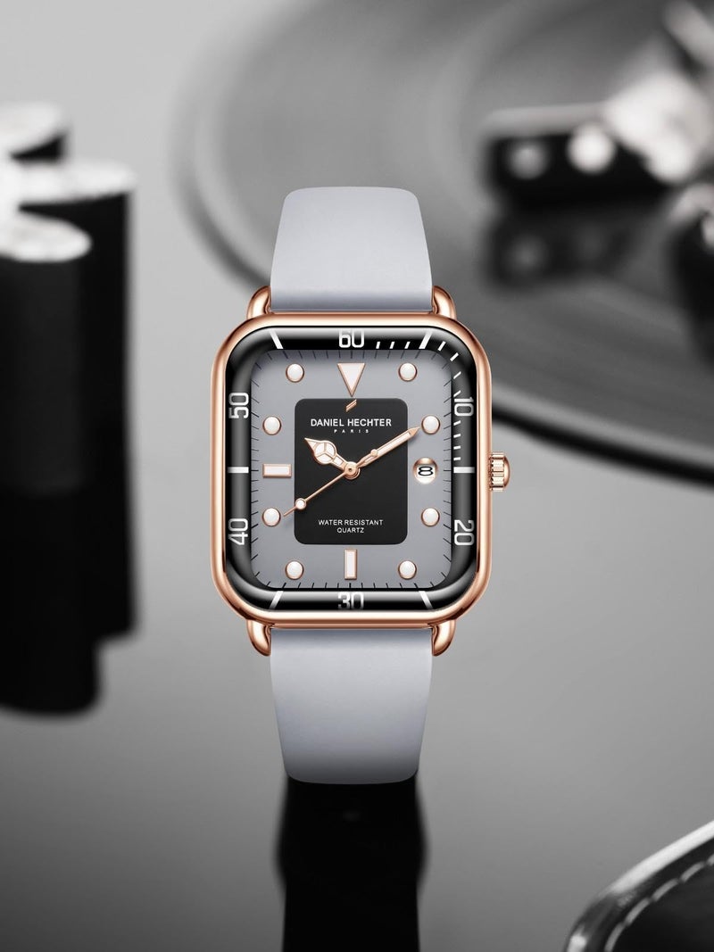 Daniel Hechter Paris Montmartre Collection Square Dial Watch for Men with Stylish Silicone Strap, Water Resistant & Quartz Movement-DHM1011 (Grey) - Image 3