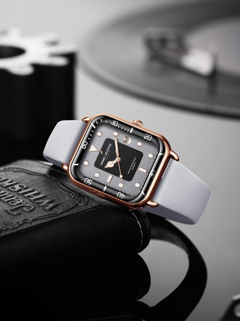 Daniel Hechter Paris Montmartre Collection Square Dial Watch for Men with Stylish Silicone Strap, Water Resistant & Quartz Movement-DHM1011 (Grey) - Image 4