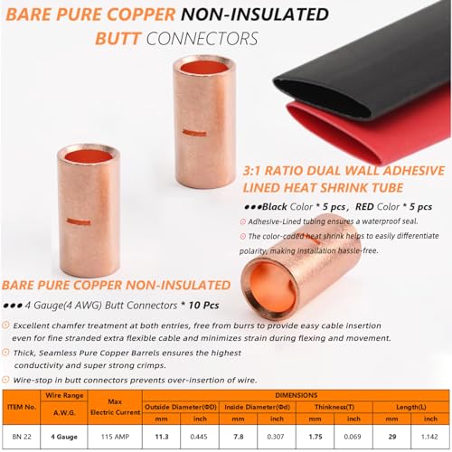 SVAAR 10PCS 4 Gauge Butt Connectors 4 AWG Non Insulated Butt Splice Connectors Uninsulated Crimp Butt Splices Kit Bare Pure Copper Seamless Barrel Butt Terminals for Auto Repair 10PCS 31 Heat Shrinks - Image 3