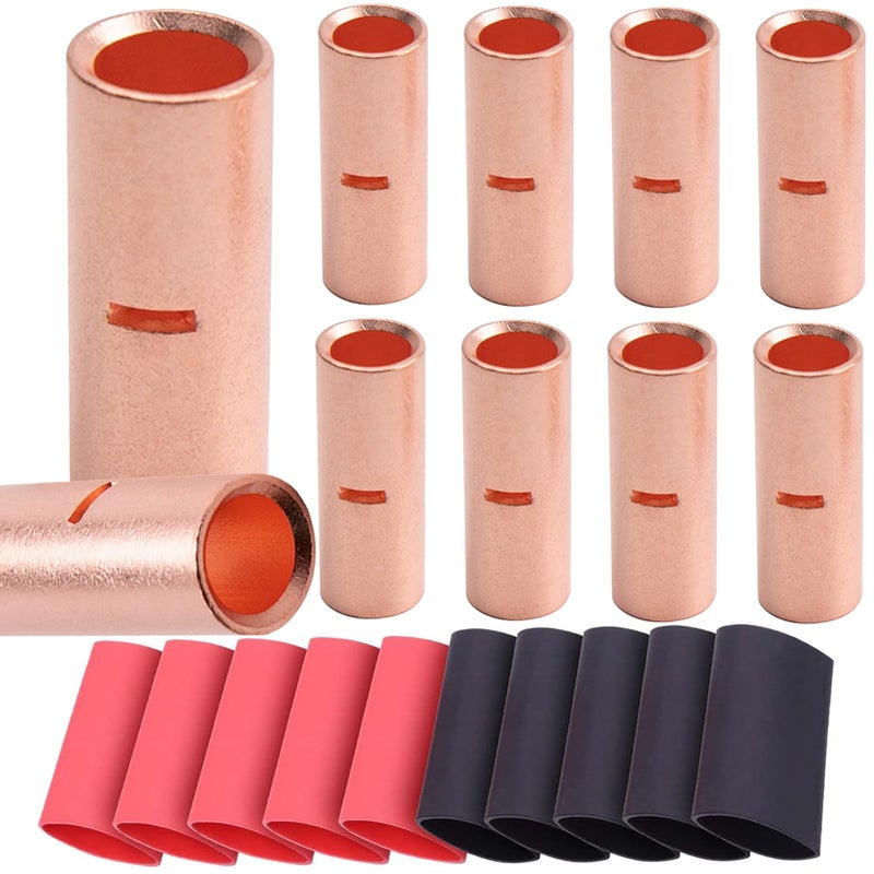 SVAAR 10PCS 4 Gauge Butt Connectors 4 AWG Non Insulated Butt Splice Connectors Uninsulated Crimp Butt Splices Kit Bare Pure Copper Seamless Barrel Butt Terminals for Auto Repair 10PCS 31 Heat Shrinks - Image 2