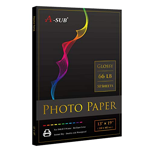A-SUB Premium Photo Paper High Glossy 13x19 Inch 66lb for Inkjet Printers 50 Sheets, Single Sided - Image 1