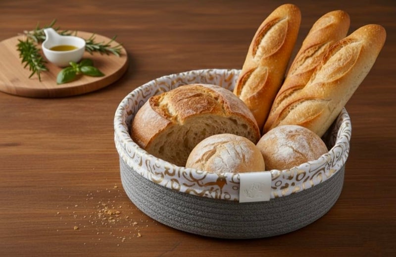MZ Cotton Rope Bread Basket Bowl, Large Decorative Storage Container, Natural Brown with Gold Pattern, 30 cm Woven Bowl for Fruits and Toys - Image 3