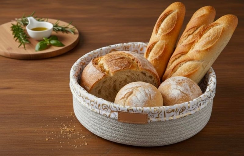 MZ Cotton Rope Bread Basket Bowl, Large Decorative Storage Container, Natural Brown with Gold Pattern, 30 cm Woven Bowl for Fruits and Toys - Image 2