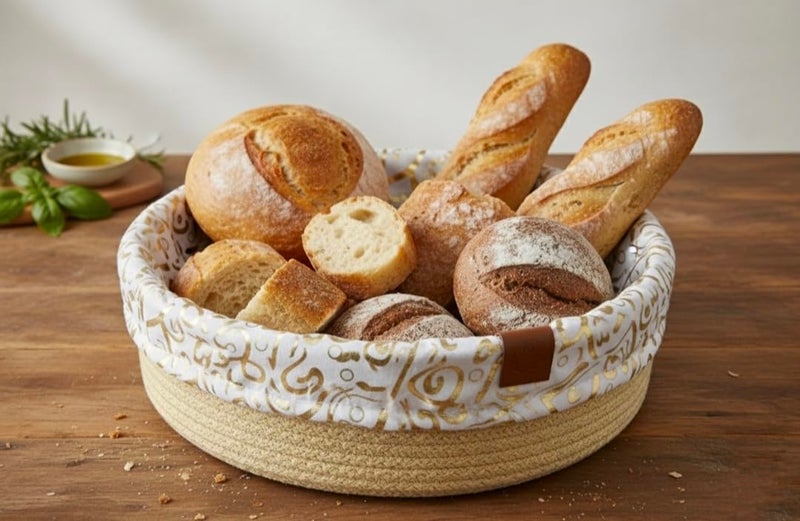 MZ Cotton Rope Bread Basket Bowl, Large Decorative Storage Container, Natural Brown with Gold Pattern, 30 cm Woven Bowl for Fruits and Toys - Image 4