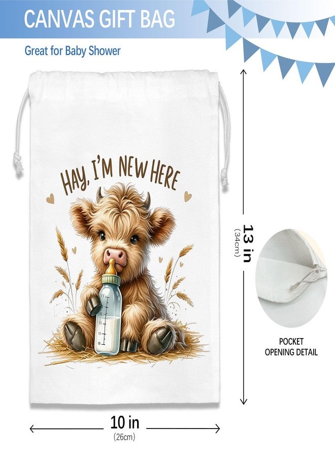 DSHFG Highland Cow Birthday Drawstring Gift Bags for Party, Baby Shower Drawstring Gift Bags Canvas, Small Happy Birthday Bag for Gifts, I Am New Here, 10x13 Inch - Image 2