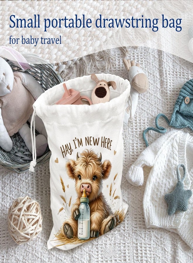 DSHFG Highland Cow Birthday Drawstring Gift Bags for Party, Baby Shower Drawstring Gift Bags Canvas, Small Happy Birthday Bag for Gifts, I Am New Here, 10x13 Inch - Image 5