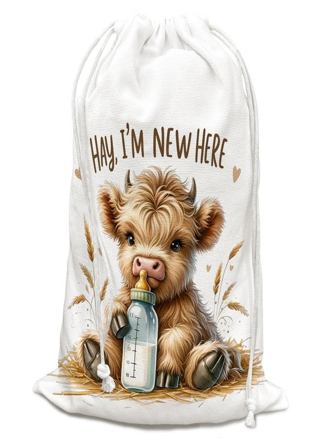 DSHFG Highland Cow Birthday Drawstring Gift Bags for Party, Baby Shower Drawstring Gift Bags Canvas, Small Happy Birthday Bag for Gifts, I Am New Here, 10x13 Inch - Image 1