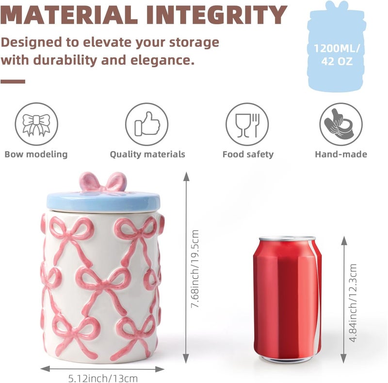 DIF DECO Cookie Jars with Lid Airtight, 42 OZ Large Ceramic Food Storage Containers, Cute Pink Bow Kitchen Canisters for Countertop, Suitable for Home Decor of Coffee, Sugar, Tea, Flour, Dog Treat (7.5 inch） - Image 2
