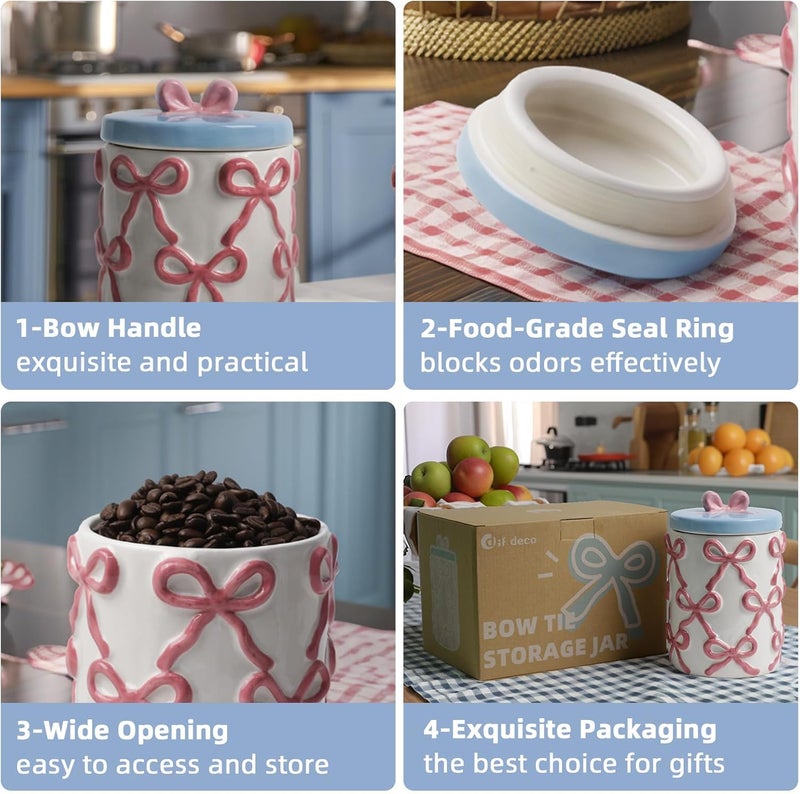 DIF DECO Cookie Jars with Lid Airtight, 42 OZ Large Ceramic Food Storage Containers, Cute Pink Bow Kitchen Canisters for Countertop, Suitable for Home Decor of Coffee, Sugar, Tea, Flour, Dog Treat (7.5 inch） - Image 3
