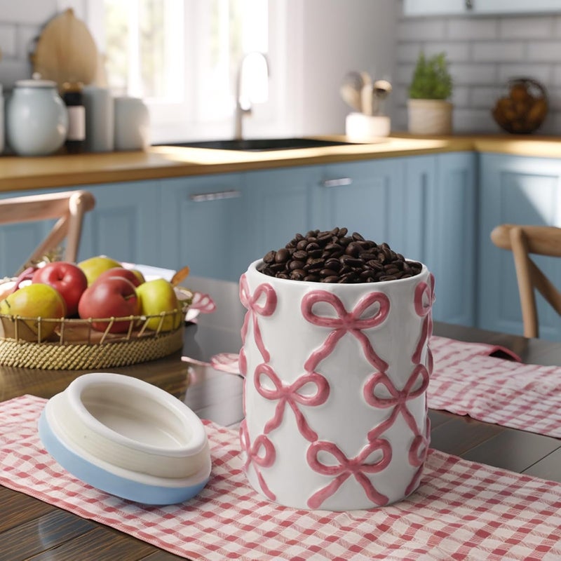 DIF DECO Cookie Jars with Lid Airtight, 42 OZ Large Ceramic Food Storage Containers, Cute Pink Bow Kitchen Canisters for Countertop, Suitable for Home Decor of Coffee, Sugar, Tea, Flour, Dog Treat (7.5 inch） - Image 4