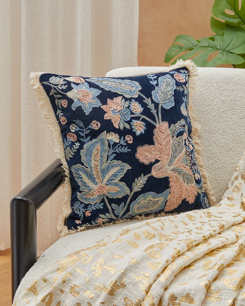 REDTAG Navy Floral Beaded Velvet Cushion