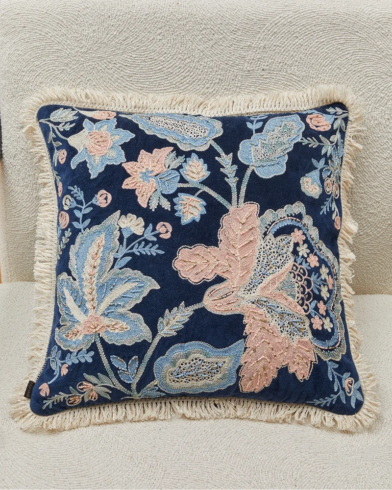 REDTAG Navy Floral Beaded Velvet Cushion