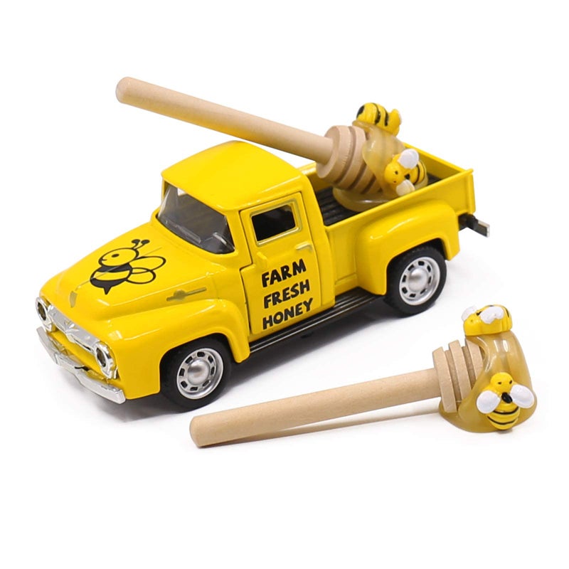هوراي رايهو Huray Rayho Mini Farm Fresh Honey Yellow Truck With Faux Honey Dippers Farmhouse Honeybee Tier Decor  - Image 1