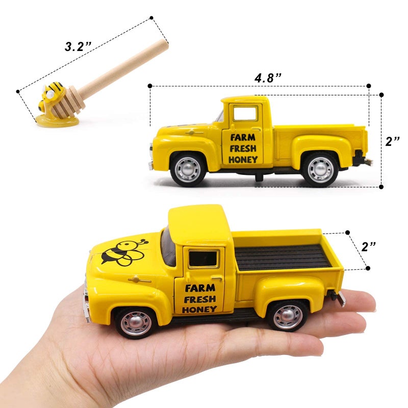 هوراي رايهو Huray Rayho Mini Farm Fresh Honey Yellow Truck With Faux Honey Dippers Farmhouse Honeybee Tier Decor  - Image 3