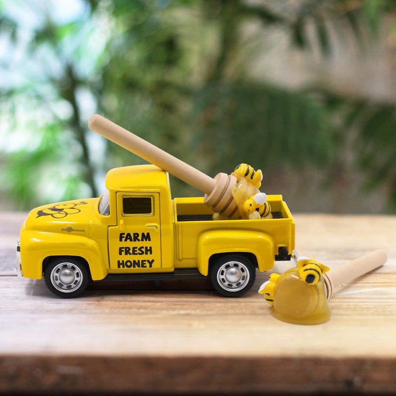 هوراي رايهو Huray Rayho Mini Farm Fresh Honey Yellow Truck With Faux Honey Dippers Farmhouse Honeybee Tier Decor  - Image 5