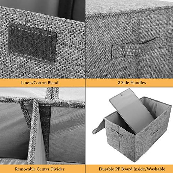 Valease 2 Pack Large Linen Fabric Collapsible Storage Bins with Lid and Handles, Washable Storage Box Baskets Cube with Removable Divider for Bedroom,Closet,Office,Living Room,Nursery (Black, Large) - Image 2