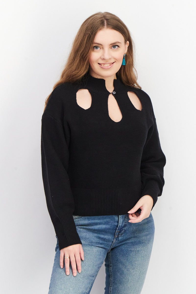 joie Women Split Neck Long Sleeve Textured Top, Black - Image 1