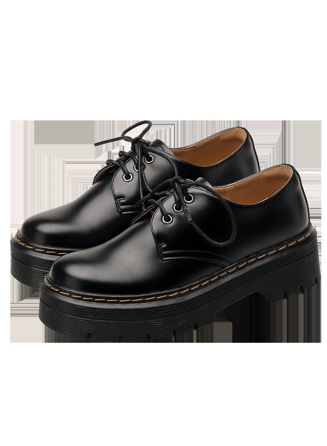 British Style Black Small Leather Shoes Autumn And Winter New Thick-soled Dr Martin Shoes Academic Style Lace-up Muffin Shoes Classic