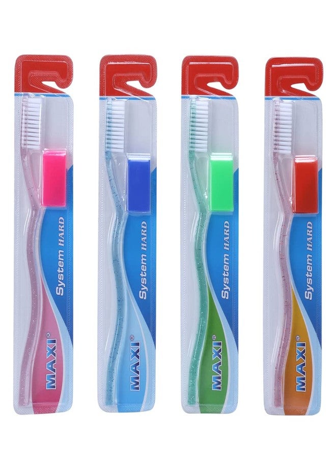 MAXI System Hard Toothbrush for Adults | Deep Plaque & Stain Removal | Anti-Bacterial Travel Cap | Manual Big Head Hard Bristles Tooth Brush | Multicolor Pack of 4 - Image 3